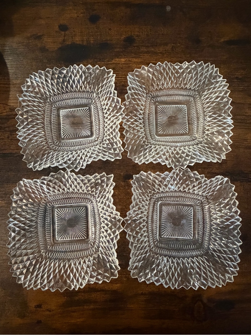 FEDERAL DIAMOND POINT RUFFLED SQUARE CANDY NUT DISH PLATE 6-1/4" SET OF 4